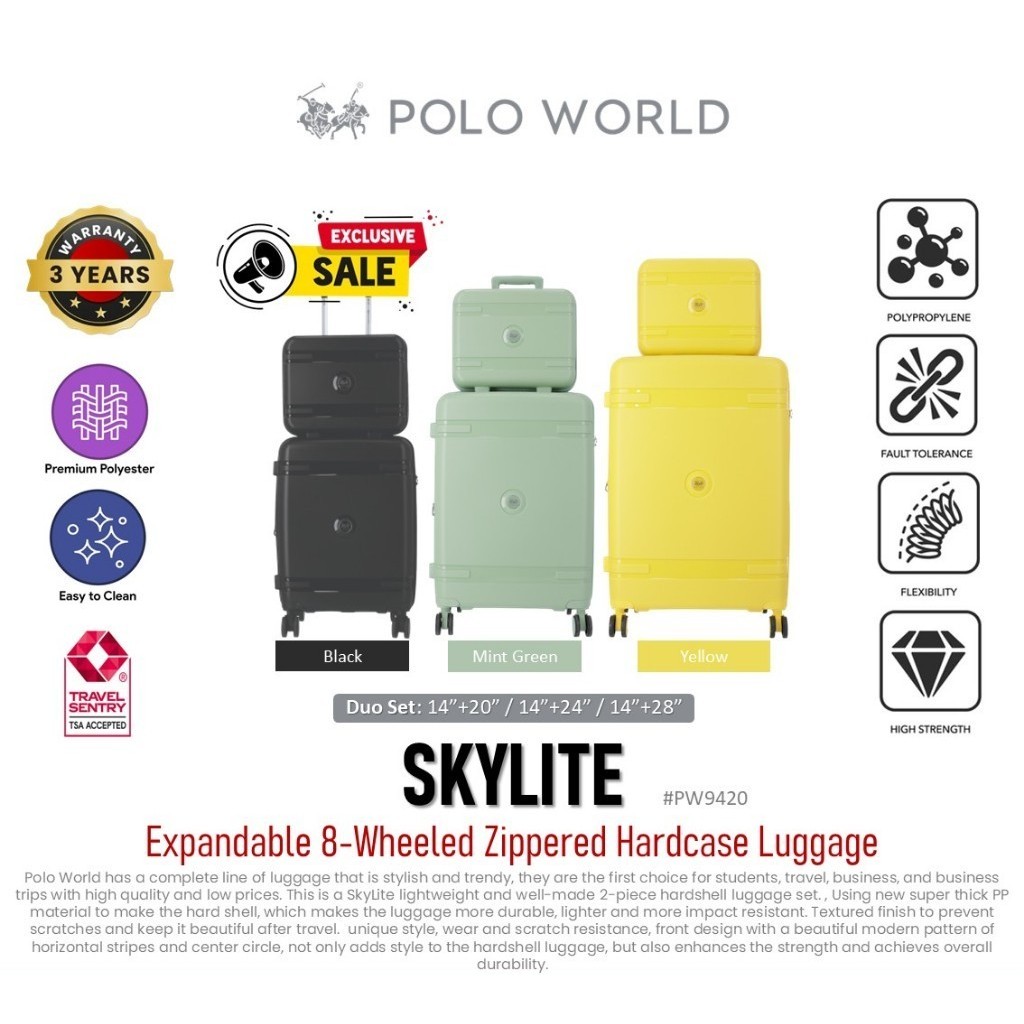 POLO WORLD PW9420 SkyLite Expandable 8-Wheeled Zippered Hardcase Luggage กระเป๋าเดินทางล้อลาก