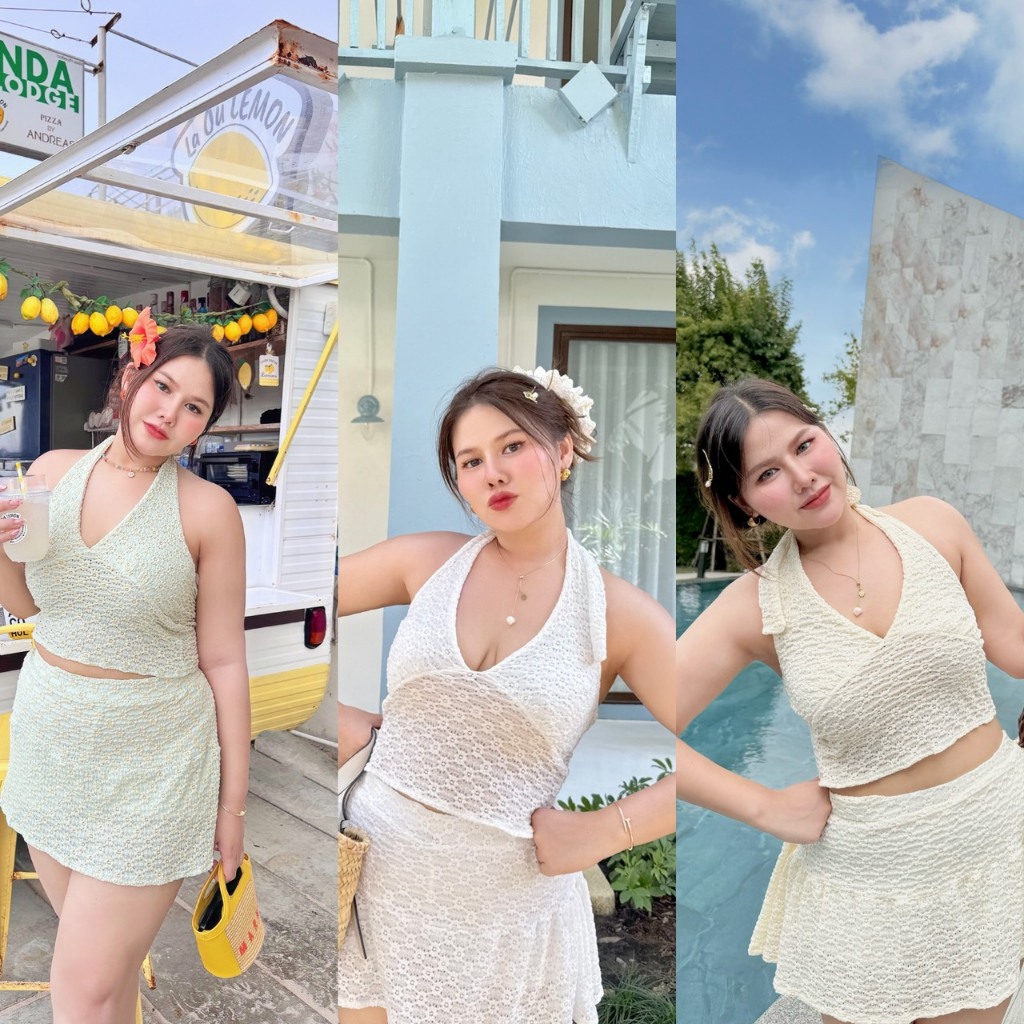 Downie set ชุดเซทผ้าฉลุลายดอกเดซี่ เสื้อผูกคอ+กระโปรงสั้น (S0082) - Merrychubbyhouse