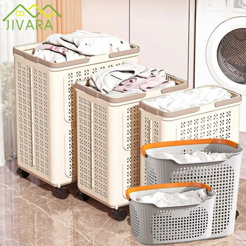 JIVARA ตะกร้าซักผ้ามีล้อ ตะกร้าพับได้ เก็บเสื้อผ้า ของใช้ในหอพัก คอนโด พลาสติกแข็งแรง ใช้กับเครื่องซ