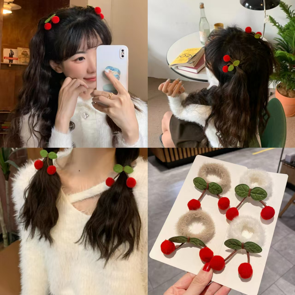 Rubuyou ห่วงผมของ สีแดง เชอร์รี่ เกาหลีแฮร์บอลเชือก ความยืดหยุ่นสูง หางม้าแฟชั่น นักเรียน เครื่องประดับผม-ส่งเร็ว🚚