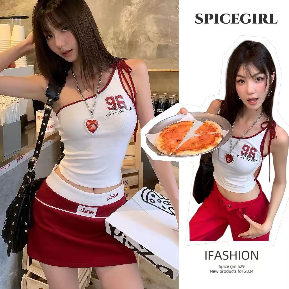 🍉Spice girl🍉เสื้อกล้ามสายเดี่ยวไหล่เดียว ผ้าตัดสีสองโทน สีแดงลายพิมพ์ตัวอักษร น่ารักและเซ็กซี่ ใส่ในวันหยุด