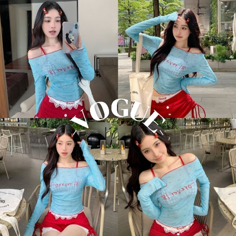 Vogue🌟พร้อมส่ง🌟 เสื้อแขนยาวซีทรู /สายเดี่ยวบรา สีสดใส ใส่สบายซับเมอร์ (U201/FY756)