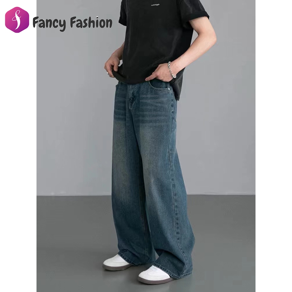Fancy กางเกงยีนส์กระบอกใหญ่ กระบอกลิซ่า ยีนส์สนิมเขียวฟอก M-3XL
