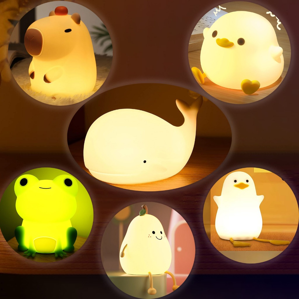 ไฟกลางคืนซิลิโคน LED รูปแบบสัตว์น่ารัก Capybara Frog, Dou Dou Duck, Whale โคมไฟกลางคืนสำหรับห้อง