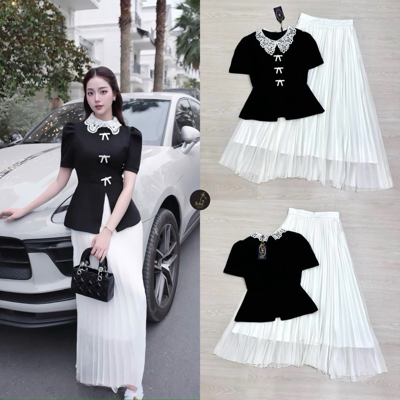 Ticha  👗👗Set 2 ชิ้น เสื้อตัวยาวคอกลมแขนสั้นสีดำ ดีเทลแต่งคอปกลูกไม้ฉลุขาว ชายแต่งผ่าหน้าเล็กน้อย อกด