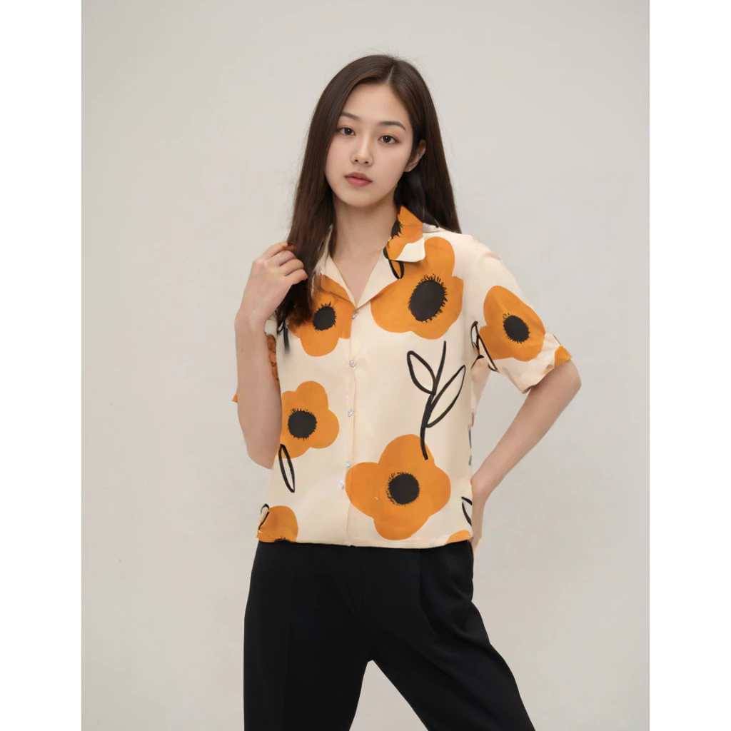 WOLF Hawaii Shirt เสื้อฮาวายแขนสั้น ลายดอกดำส้ม H246 thumbnail 4
