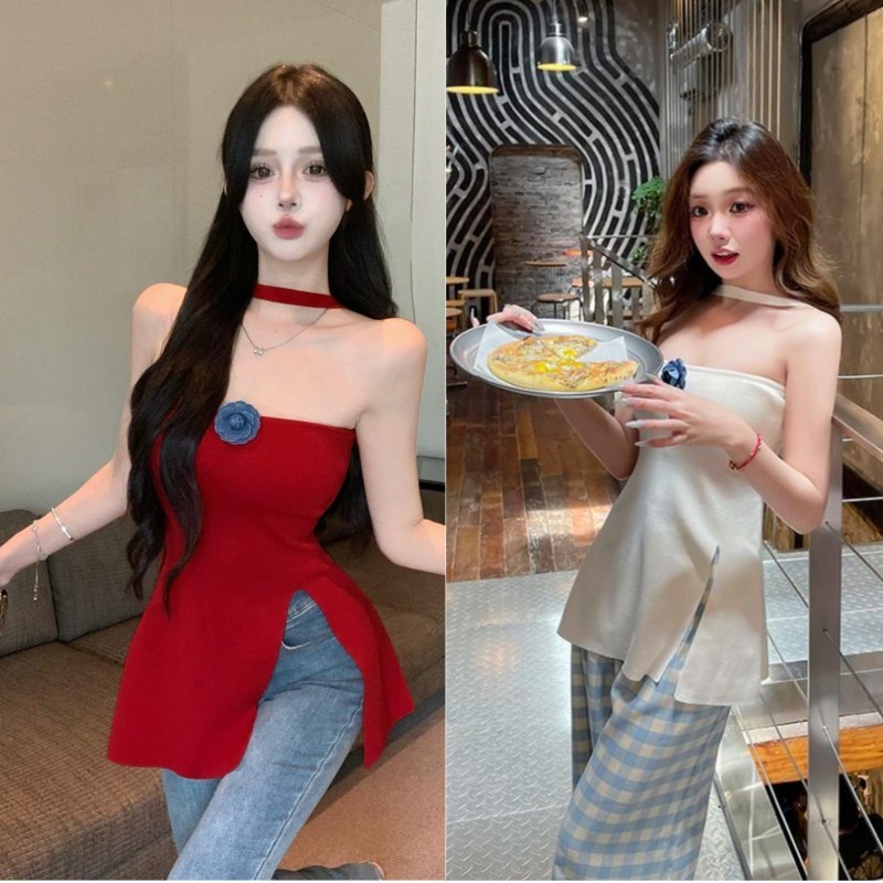 เสื้อเกาะอกเซ็กซี่ สีดำ/สีพื้น มีสายคล้องคอด้านหลัง ผ่าชายผ้าด้านหน้า(ซ้าย) แถม!เข็มกลัดดอกไม้สีกรม #3030