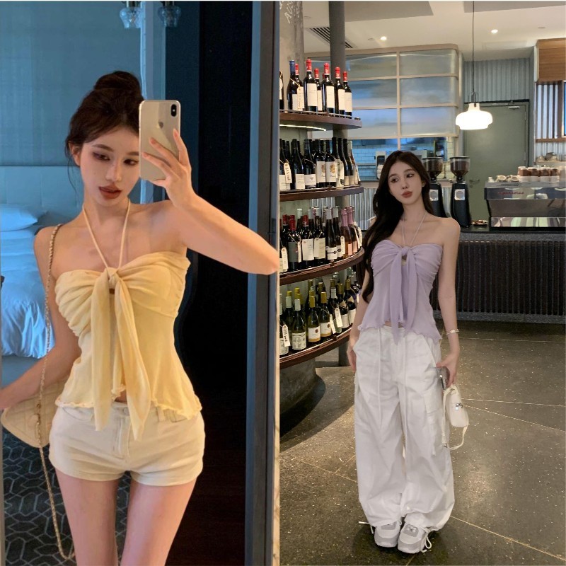เสื้อเกาะอกสายชิล เปิดไหล่ สีพาสเทล ดีไซน์ผูกมัดกลางอกปล่อยชาย มีสายผูกคล้องคอ เสื้อเบลาส์ #3037