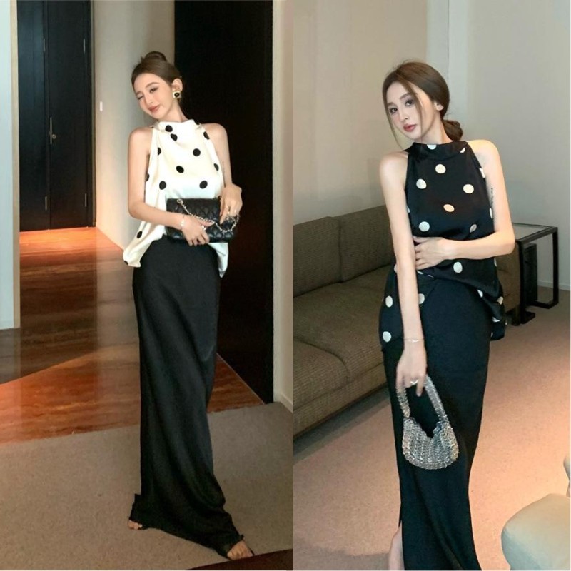 เสื้อคอเต่า ลายจุด สีพื้น มีสายผูกด้านหลัง หรูหรา ทรงปล่อยสวมใส่สบายตัว แมทซ์ได้หลายลุค #0220