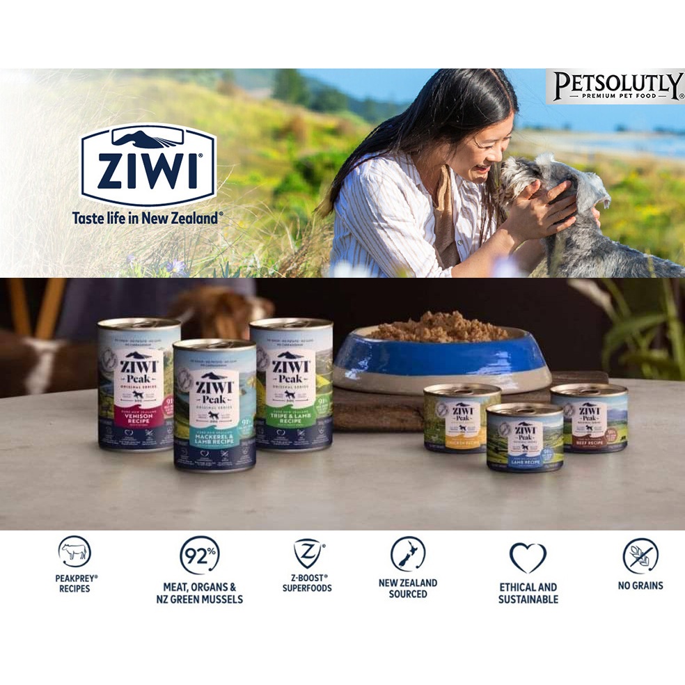 "ZIWI PEAK" อาหารสุนัขแบบเปียก ขนาด 390 กรัม ไร้ธัญพืช ไร้สารเคมี ปริมาณเนื้อ 91%