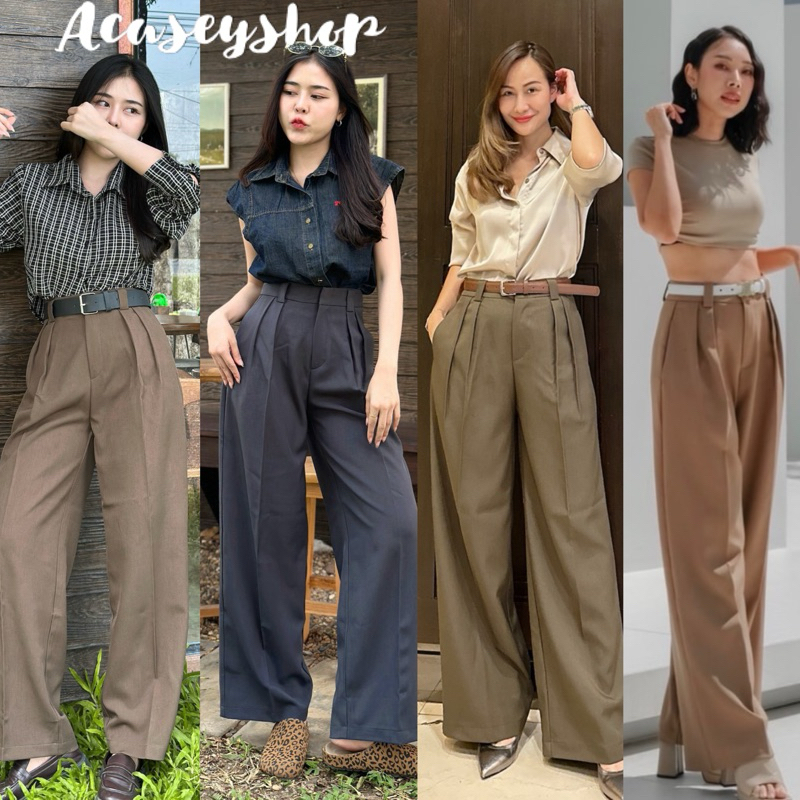 Acasey กางเกงขายาวผู้หญิง ขากระบอกใหญ่ แต่งหูเข็มขัด รุ่น Pose Pants 🍫