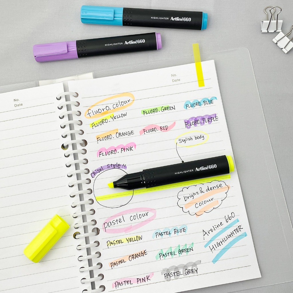 Artline ปากกาไฮไลท์ ชุด 4ด้าม , ชุด 7ด้าม (สีเหลือง, ส้ม, ชมพู,  เขียว, ฟ้า, แดง, ม่วง) เน้นข้อความ หัวแข็งแรง