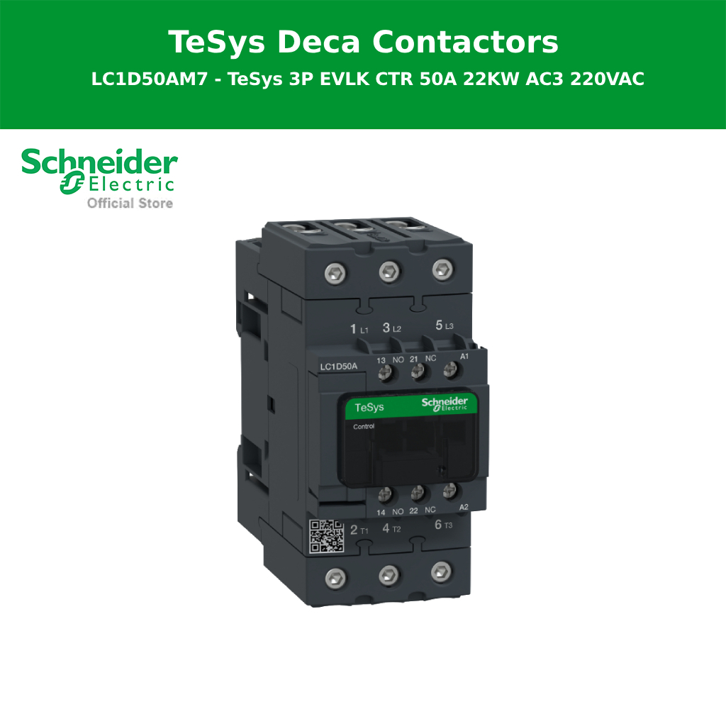 Schneider Electric Contactor, รุ่น Tesys Deca, 3P(3 NO), AC-3/AC-3e, 0 to 440V, 50A, 220VAC 50/60Hz 