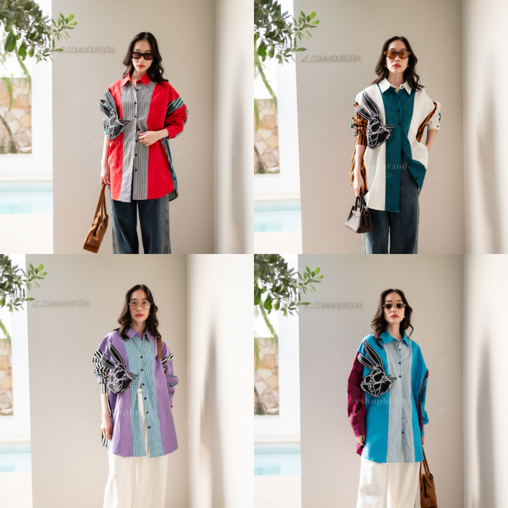 พร้อมส่ง เชิ้ต oversize แขนยาวลายทางลงสลับสีปักหน้ากระต่าย งานป้าย Vshopbrand