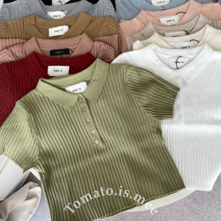 เสื้อไหมพรมคอปกแขนสั้น ผ้าร่อง มีกระดุม ทรงครอป ผ้าไหมพรมเนื…