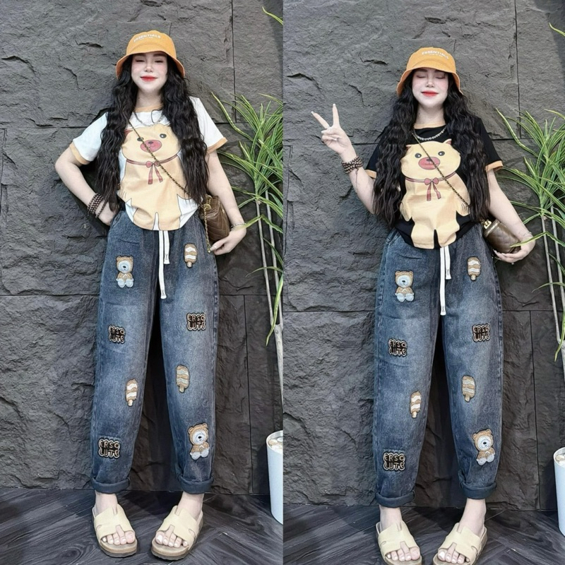 set 2ชิ้น เสื้อครอปเต็มตัว ตัวลายหมี (กางเกงผ้ายีนส์เทียม)