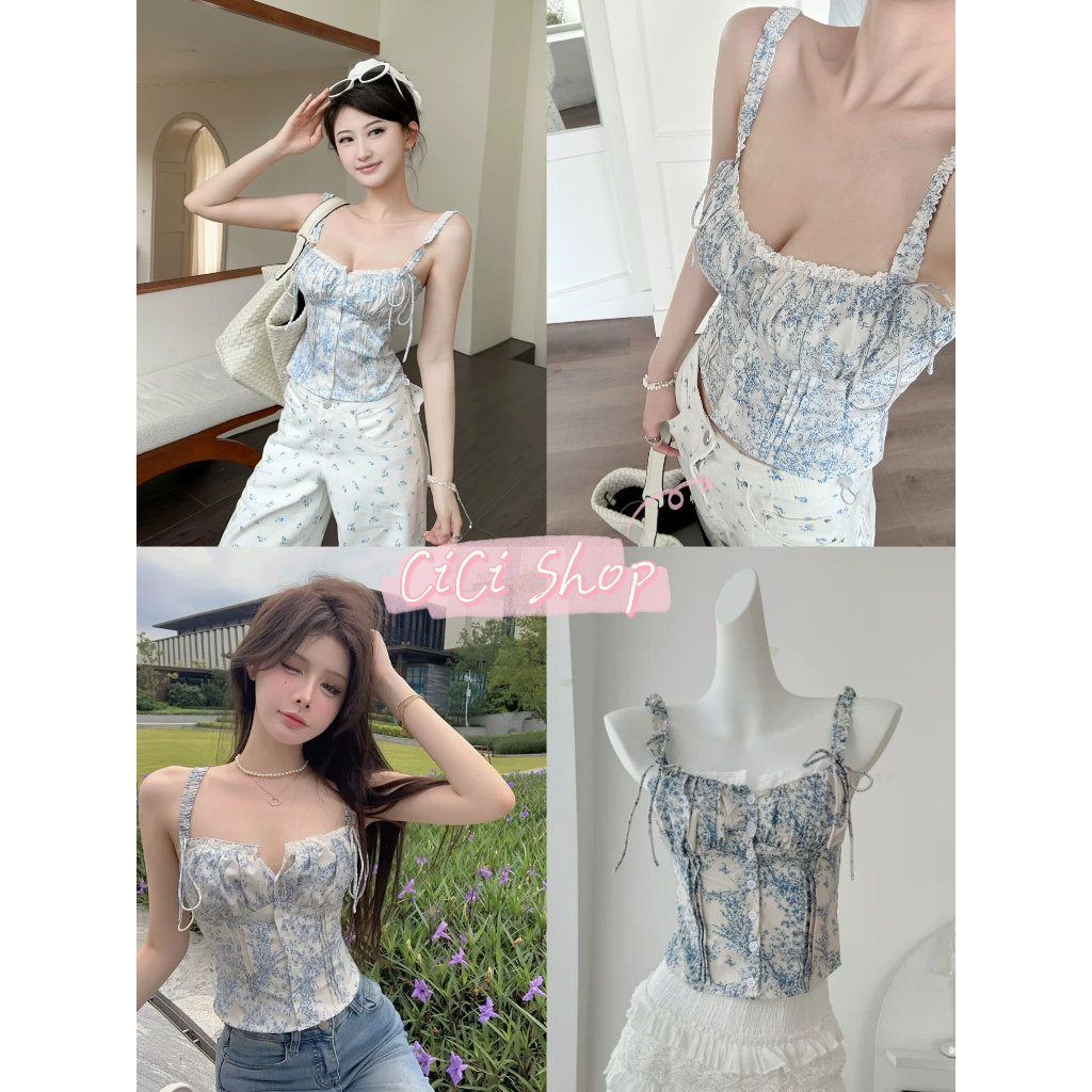 Cicishop(J1768)เสื้อสายเดี่ยว detail กระดุมแต่งด้านหน้าสายไม่สามารถปรับได้มีแต่งลูกไม้เล็กๆมินิลูกคุณหนูลูกคุณใจ