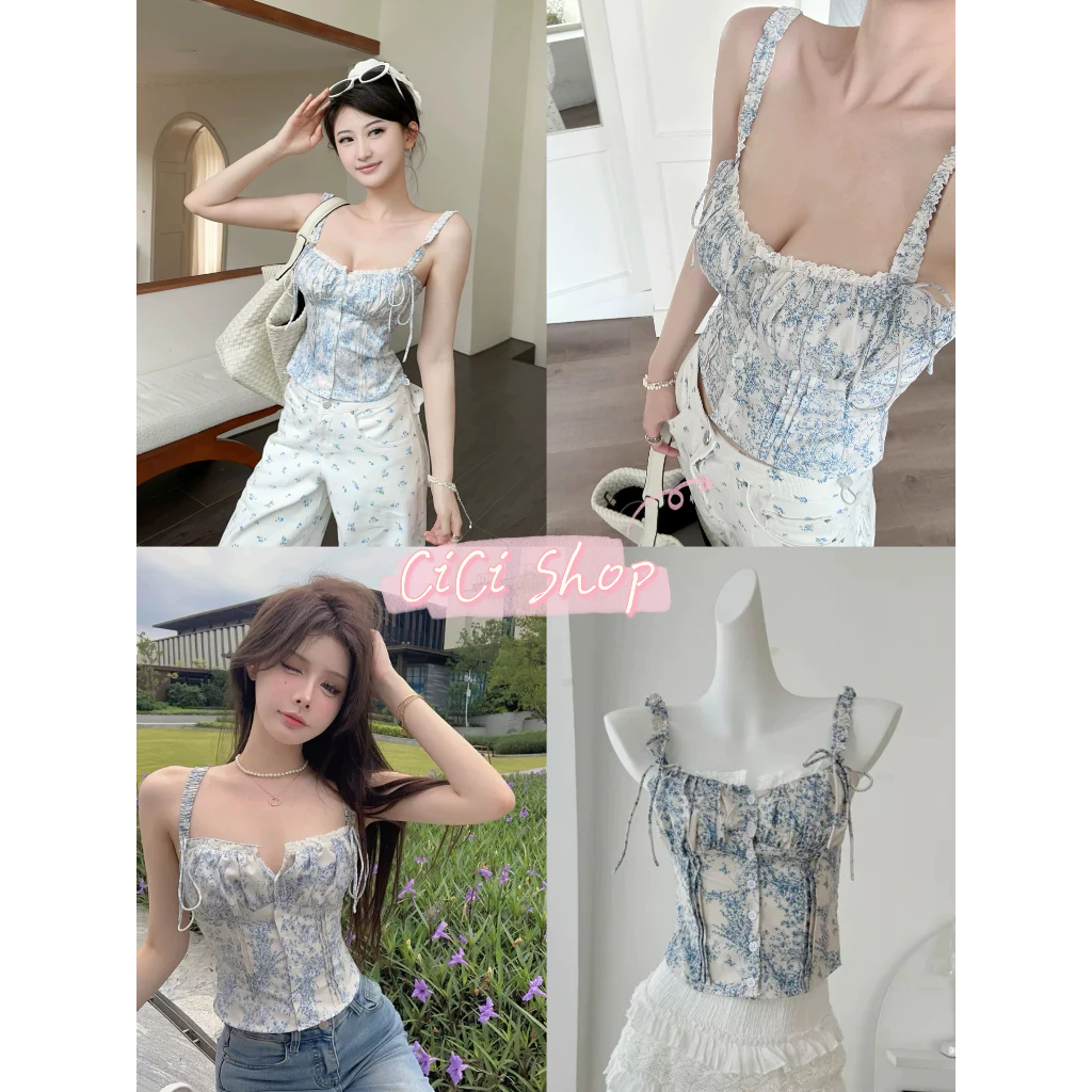 Cicishop(J1768)เสื้อสายเดี่ยว detail กระดุมแต่งด้านหน้าสายไม่สามารถปรับได้มีแต่งลูกไม้เล็กๆมินิลูกคุณหนูลูกคุณใจ