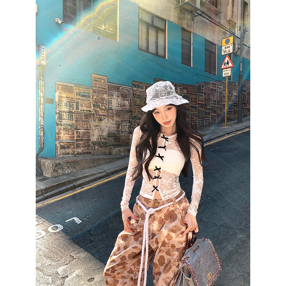 Cicishop(Y6239) Set 2 ชิ้น เกาะอก+เสื้อคลุมผ้าซีทรูแขนยาวลายลูกไม้ ดีเทลติดโบว์น่ารักใสๆ กระดุมใช้งานได้จริง - รูปที่ 7