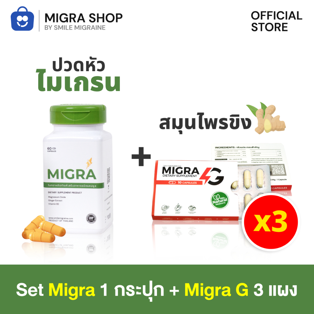 [ เซ็ต MIGRA 500 mg 1 กระปุก ➕ MIGRA G x 3 แผง ] เหมาะสำหรับคนเป็นไม่เกิน 10 วันต่อเดือน