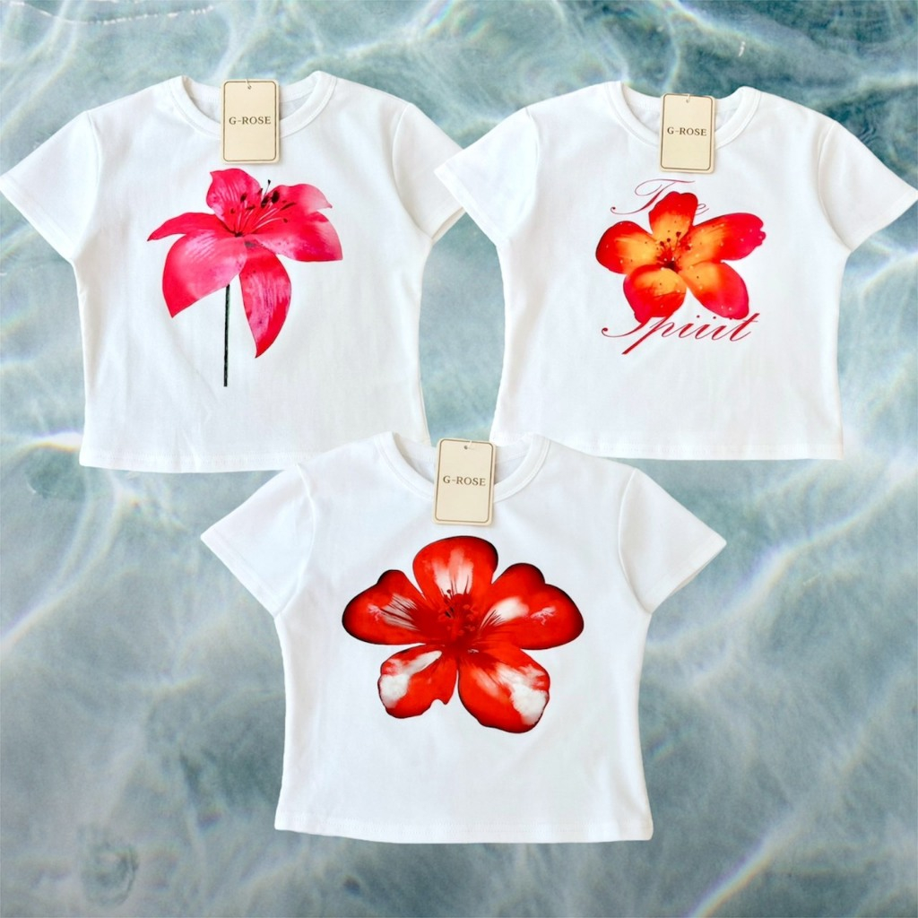 เสื้อยืดคอกลมสีขาว เสื้อยืดลายชบา ลายดอกไม้ สีขาว เล่นน้ำ สงกรานต์ ทะเล Y2K ป้าย G-rose (G017)