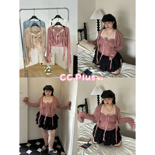 CiCi Plus+(J2007) Set 2 ชิ้น เกาะอกคล้องคอ+เสื้อคลุมแขนยาว ดีเทลแต่งดอกกุหลาบ สไตล์โบฮีเมี่ยน สาวพลัสไซส์