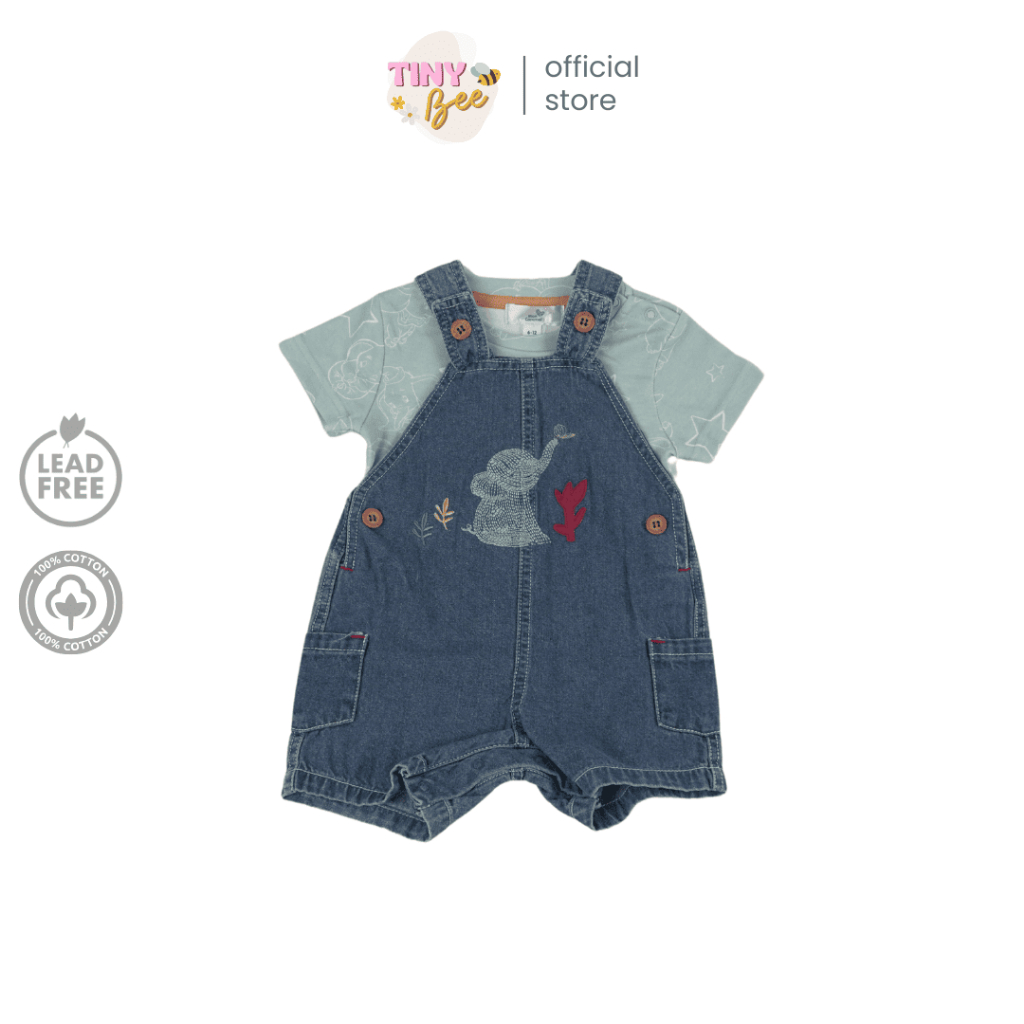 เอี๊ยมยีนส์เด็กผู้ชาย เอี๊ยมขาสั้น ชุดเด็กแรกเกิด เสื้อผ้าฝ้าย Cotton 100% ลายช้าง อายุ 3-24 เดือน