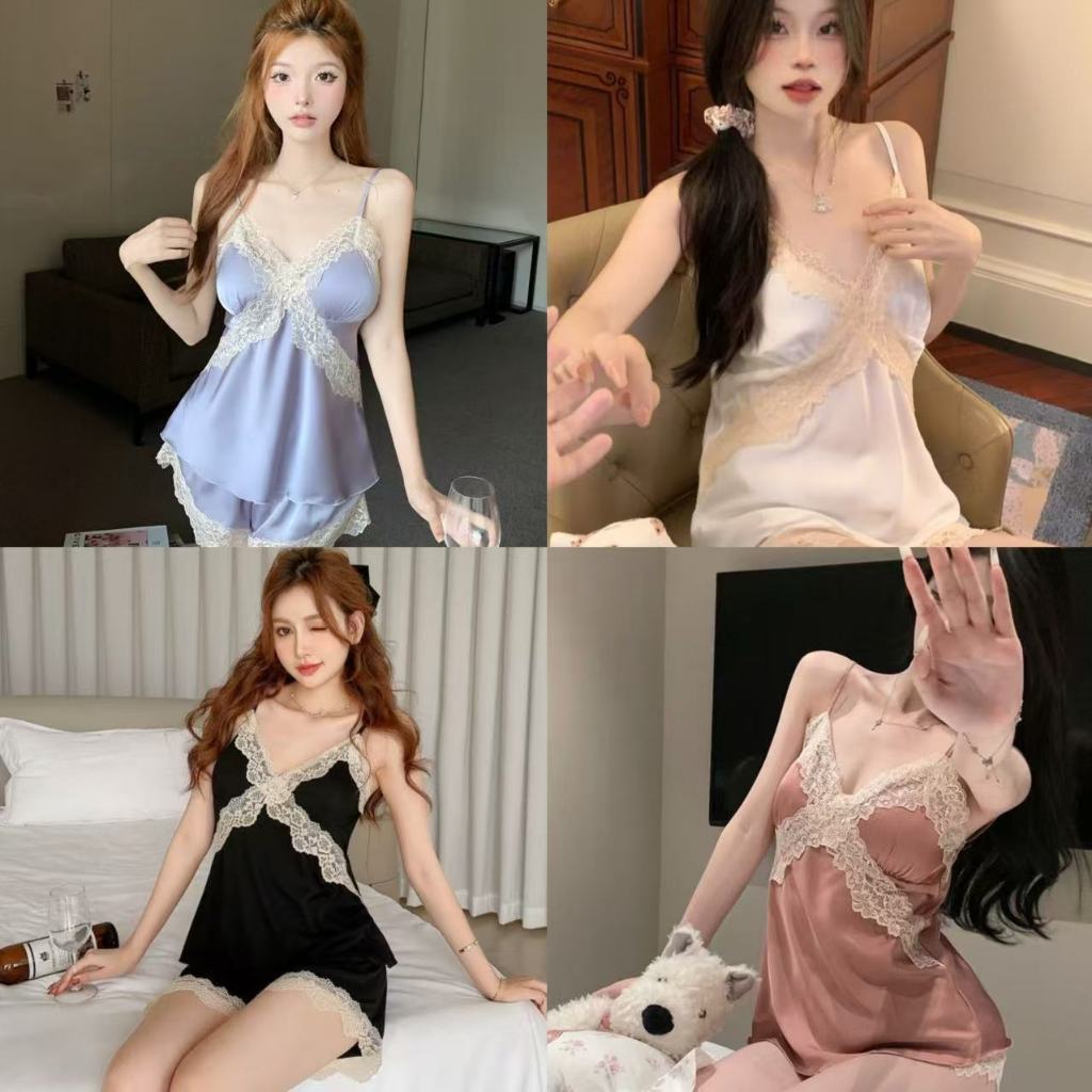 💖💖 ชุดอยู่บ้าน ชุดนอนผู้หญิงทูพีช ชุดนอนลูกไม้เซ็กซี่ คอวีลึก ผ้าใส่สบาย พร้อมส่งจากไทยQQ41