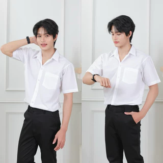 เสื้อนักศึกษาแขนสั้นชาย[คอปก/คอจีน]รอบอก”36-56”(ผ้าคอมทวิว/ผ้าไมโคร)สีขาวนวล/สีขาวสว่าง