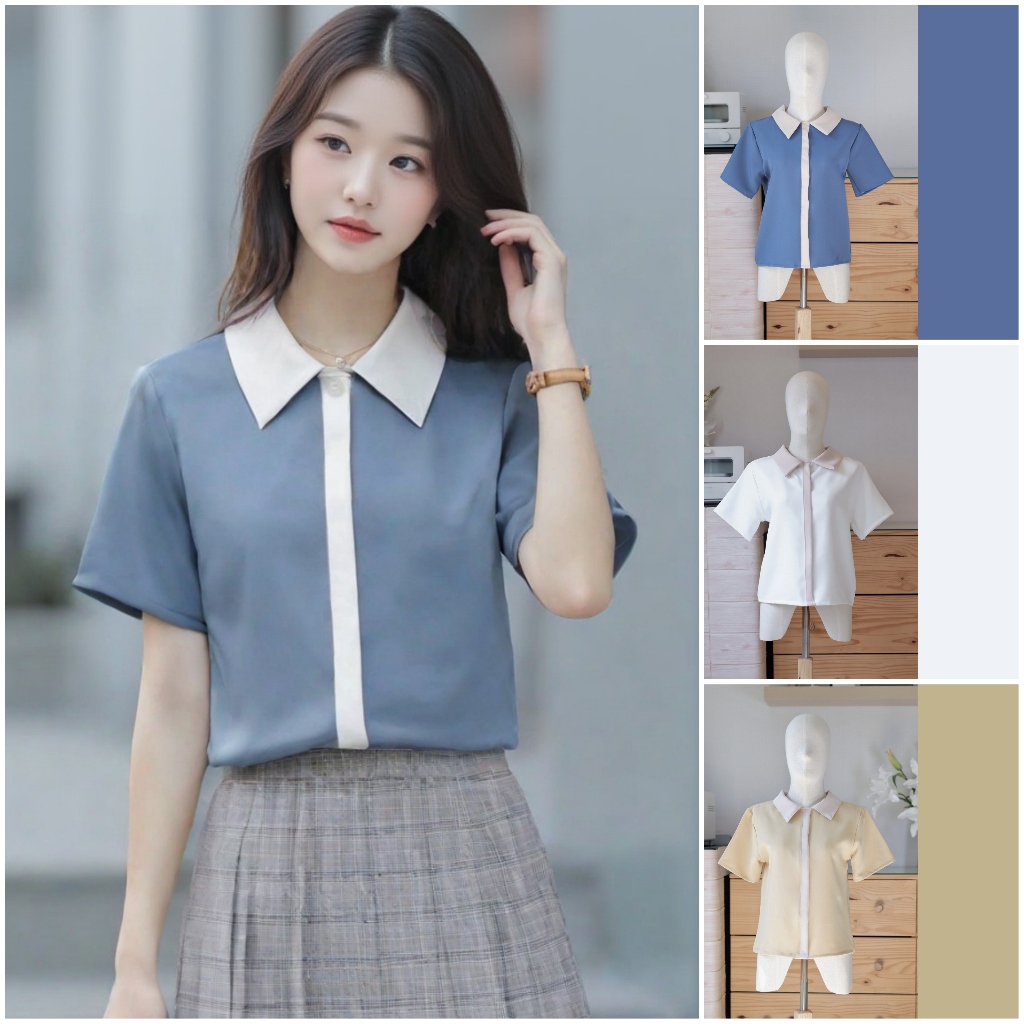 C21 เสื้อทํางานผู้หญิง แขนสั้น คอปกทูโทน เสื้อยืด แฟชั่น แต่งสาบสีเดียวกับปก งานน่ารักมาก Easter Egg