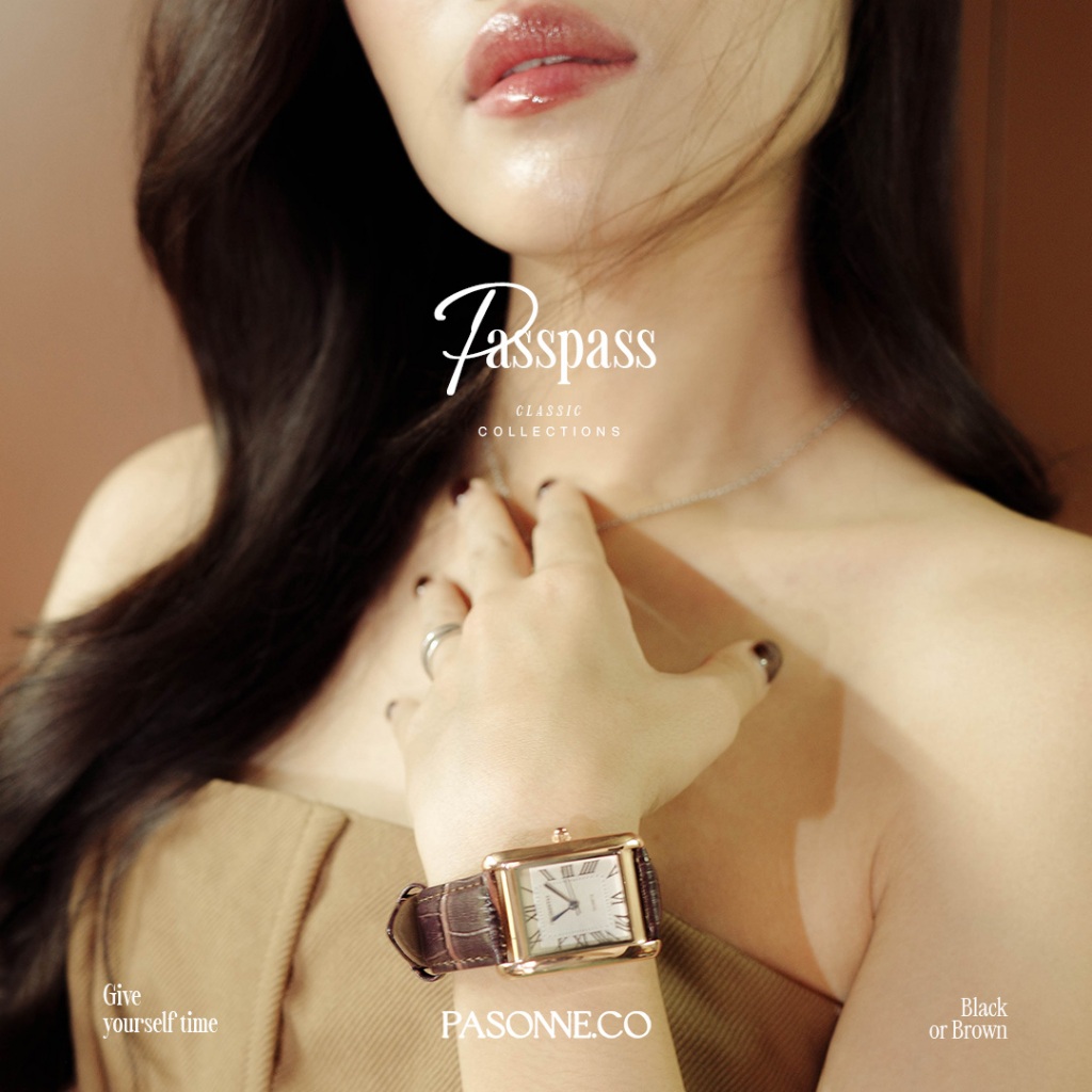 pasonne.co นาฬิกาข้อมือ ทรงผืนผ้า รุ่น passpass สายสีดำและน้ำตาล เหมาะกับรอบข้อมือใหญ่