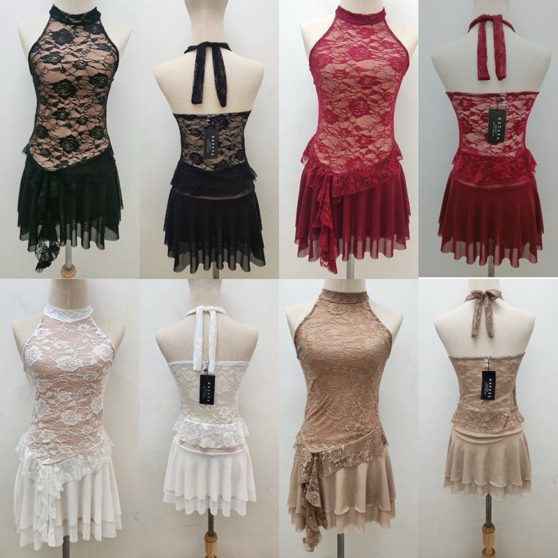 มินิเดรสผูกคอผ้าลูกไม้ มีซับกระโปรงกางเกง (nty)