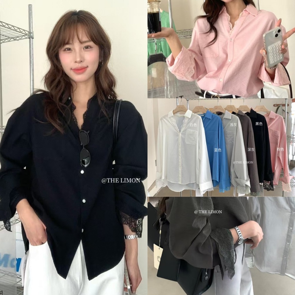 🧡🧵 🇰🇷 8387 เสื้อเชิ้ตแขนยาว แต่งลูกไม้ช่วงขอบคอเสื้อ แฟชั่นเกาหลี TAG KOREA 🧵🧡