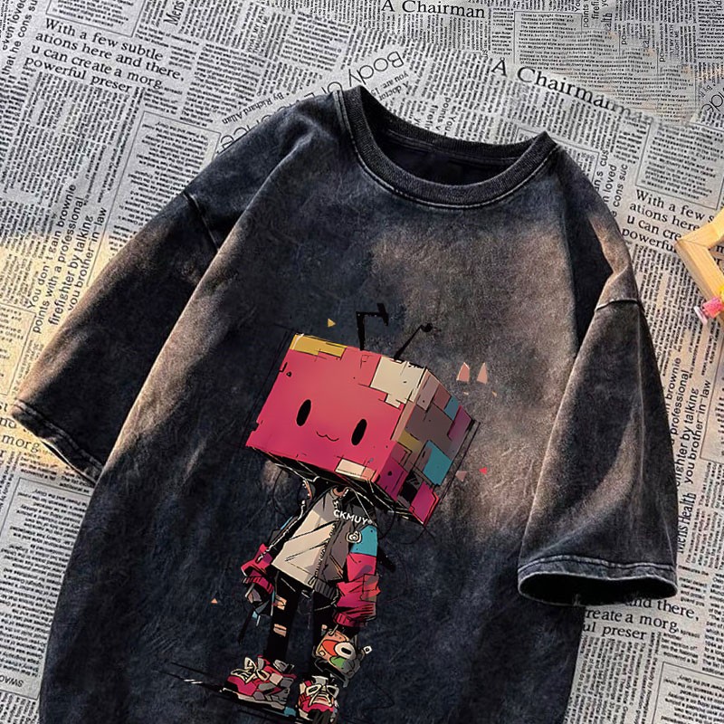 เสื้อยืดฟอกวินเทผู้หญิงแบบเท่ๆ cotton 100 oversize เสื้อผ้าสาวอวบแฟชั่นเกาหลี เสื้อคู่กับแฟนไซร์ใหญ่ชายหญิง ลายการ์ตูน