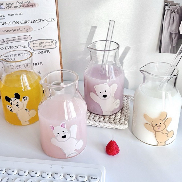 พร้อมส่ง🍑 (แถมหลอด) แก้วน้ำ Happy Puppy แก้วทรงเหยือก แก้วใส แก้วเครื่องดื่ม แก้วกาแฟ แก้วน่ารัก มินิมอล คาเฟ่ 71047