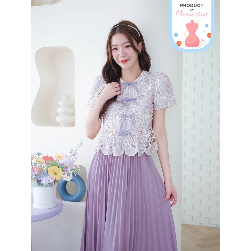 01-344 เสื้อแขนสั้นผ้า Cotton ฉลุลายลูกไม้ Lavender Ribbon Blouse - 7 ไซส์