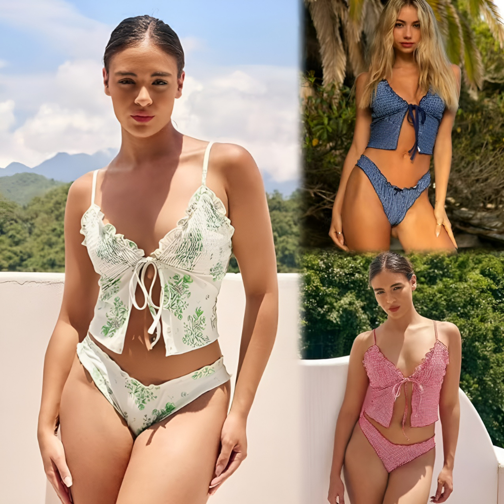 🌸Swift Bra🌸ชุดบิกินี่ 2 ชิ้น ชุดว่ายน้ำผู้หญิง พิมพ์ลาย ผ้าจีบ ผูกโบว์ที่หน้าอกหลากหลายสไตล์ให้เลือก