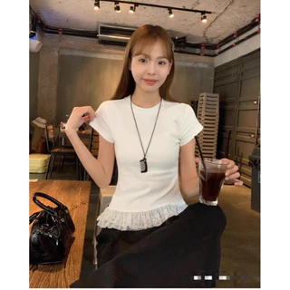 UMISO 100%cotton เสื้อยืดแขนสั้น เสื้อลูกไม้ คอกลมลายลูกไม้สีขาวสำหรับผู้หญิง
