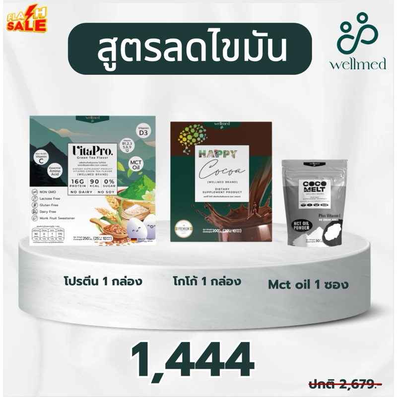 โปรตีนไข่ขาว Vitapro กับ โกโก้ลดไขมัน Happy Cocoa แถม Mct oil แบรนด์ Wellmed ของแท้ ส่งไว
