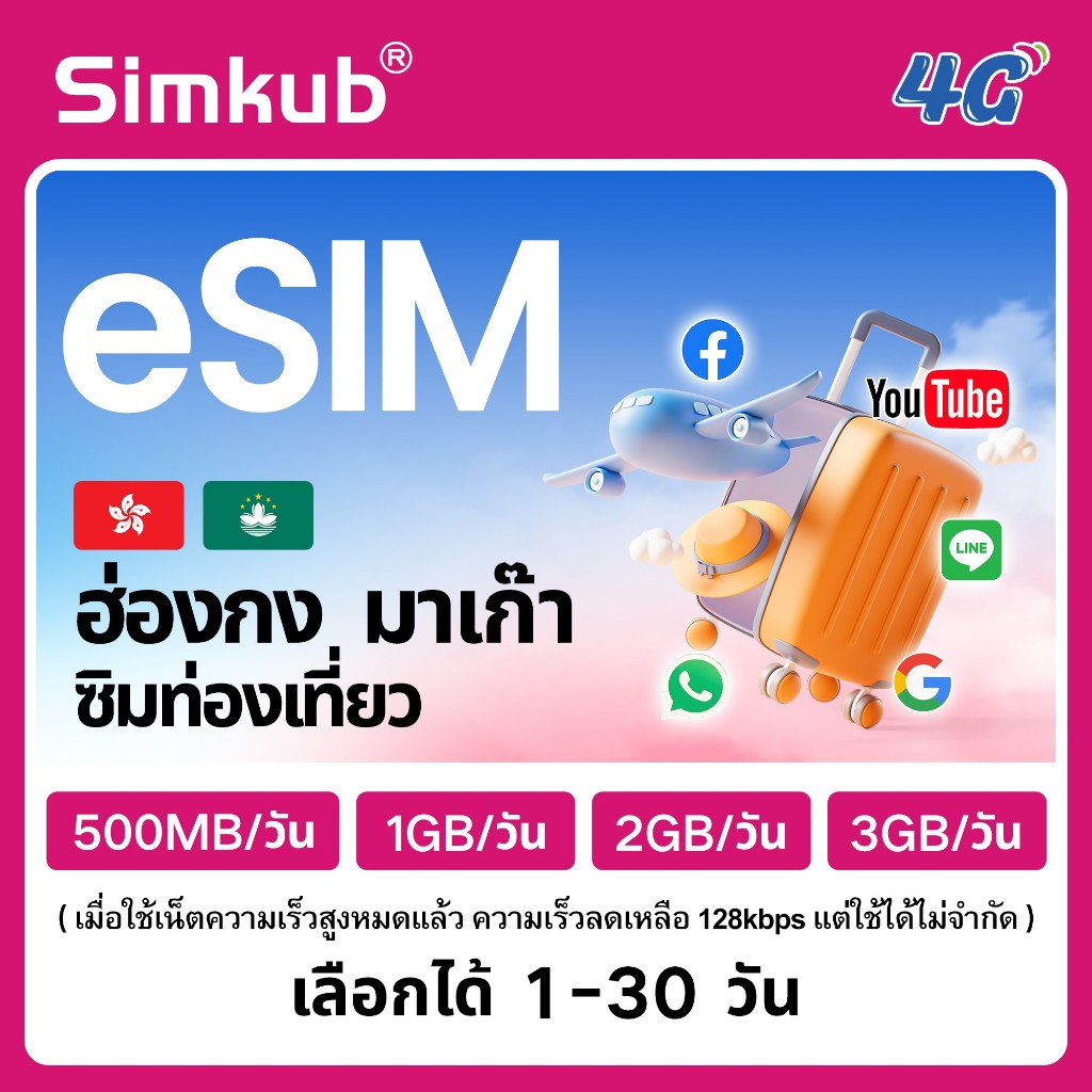eSIM Hong Kong&Macau ใช้ร่วมกันสองแห่ง ซิมท่องเที่ยว 4G อินเทอร์เน็ต 500MB-3GB/วัน เลือกได้ 1-30วัน จัดส่งรวดเร็ว