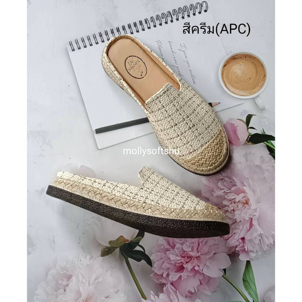 แนะนำ+1ไซด์ รองเท้าแตะเปิดส้นผ้าทวิต de shoes เย็บขอบเชือกปอพื้นด้านล่างเป็นยางซิลิโคนหนาอย่างดีไม่ลื่น เดินสบาย 680312