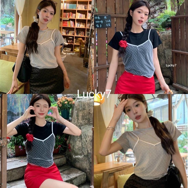 BY IRA(9386)Crop top เสื้อยืดแขนสั้น พิมพ์ลายจุด สไตล์เกาหลี แฟชั่นฤดูร้อน สําหรับผู้หญิง 2024