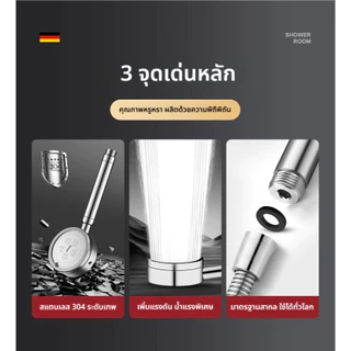 ฝักบัวสแตนเลส 304 แรงดันสูง กันสนิม หัวต่อมาตรฐานสากล พร้อมสายน้ำ 1.5 ม. และขาตั้งไม่ต้องเจาะ