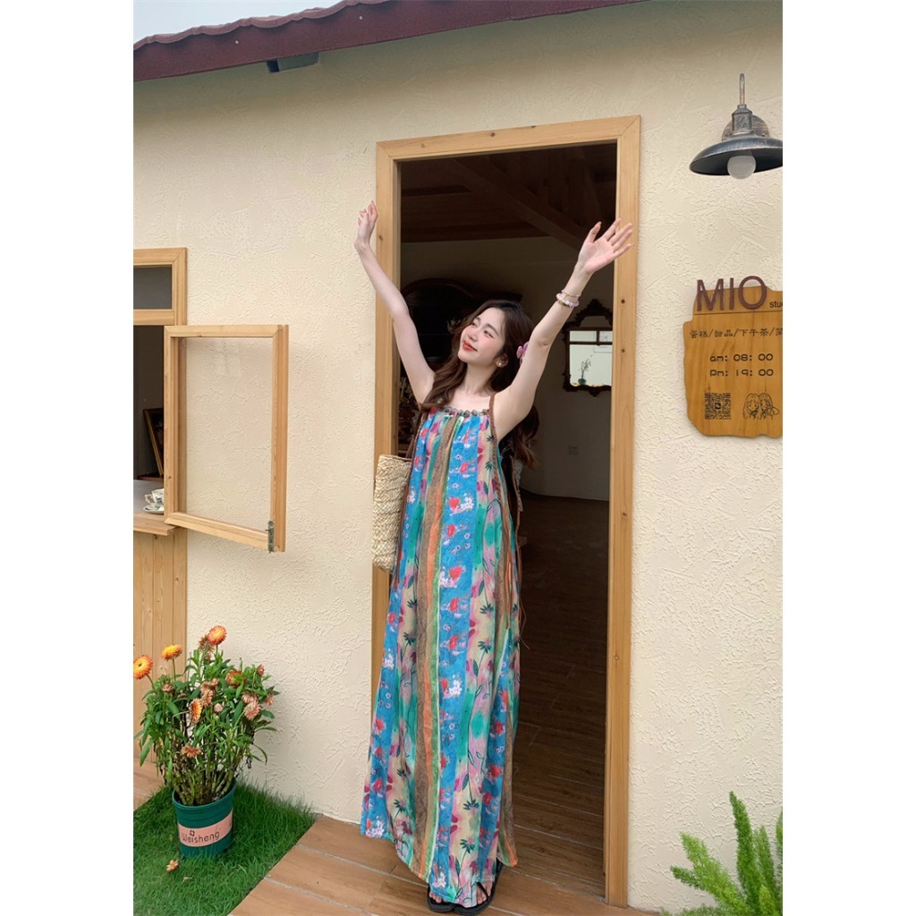 ส่งทันที Cici(NO. CY3353) เดรสยาวสายเดี่ยวพิมพ์ลายดอกไม้พร้อมแต่งคอลูกเล่นมีเชือกหนัง detail แบบโบฮีเมี่ยน - รูปที่ 3