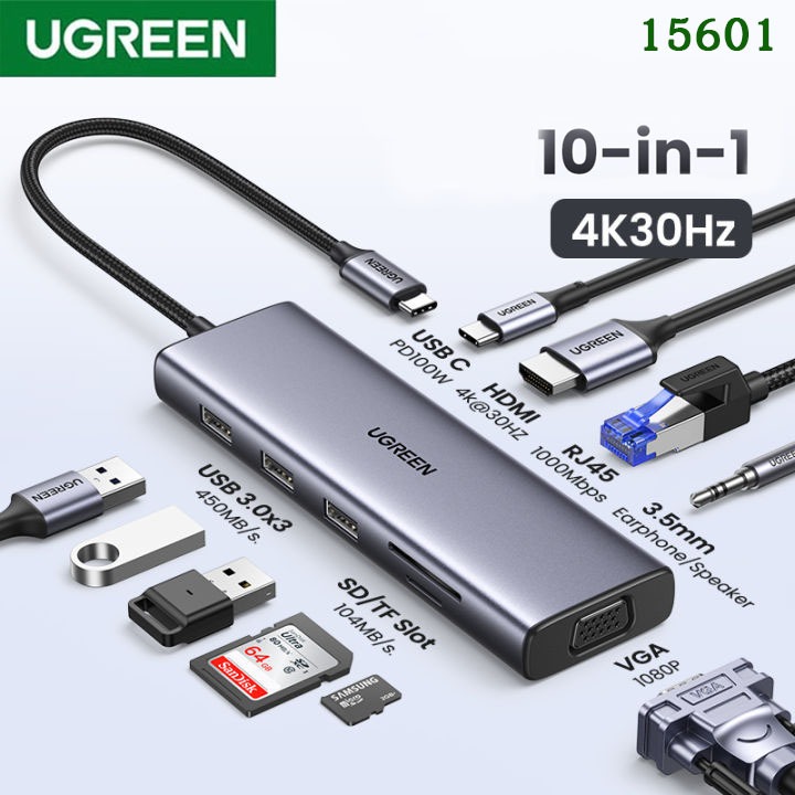 UGREEN รุ่น 15601 HUB 10in1 Adapter Type C รองรับ 4K30Hz / USB3.0x3 Port / PD100W / RJ45 / VGA, SD/T