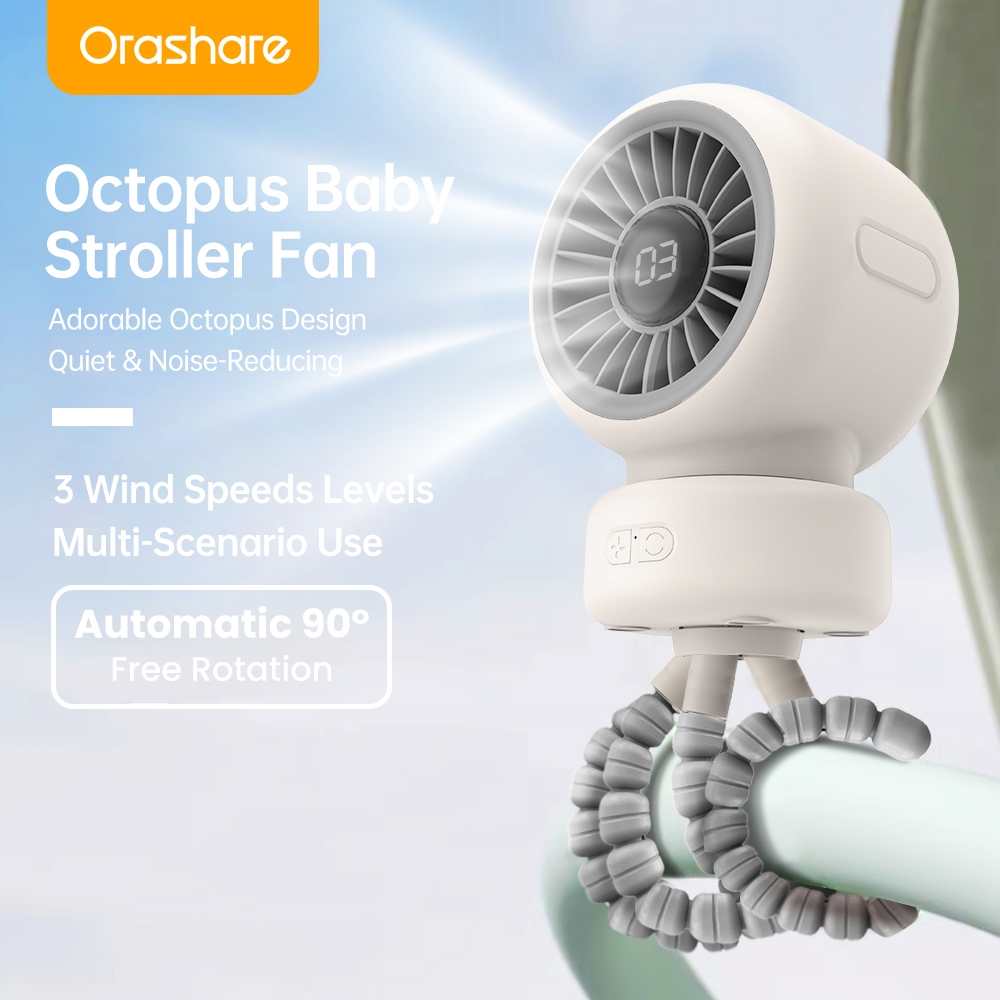 Orashare OCF01PRO พัดลมพกพาสำหรับรถเข็นเด็ก ความจุ 4,000mAh หมุนได้ 360° พัดลมกันเด็กแบบไร้เสียงสำหร