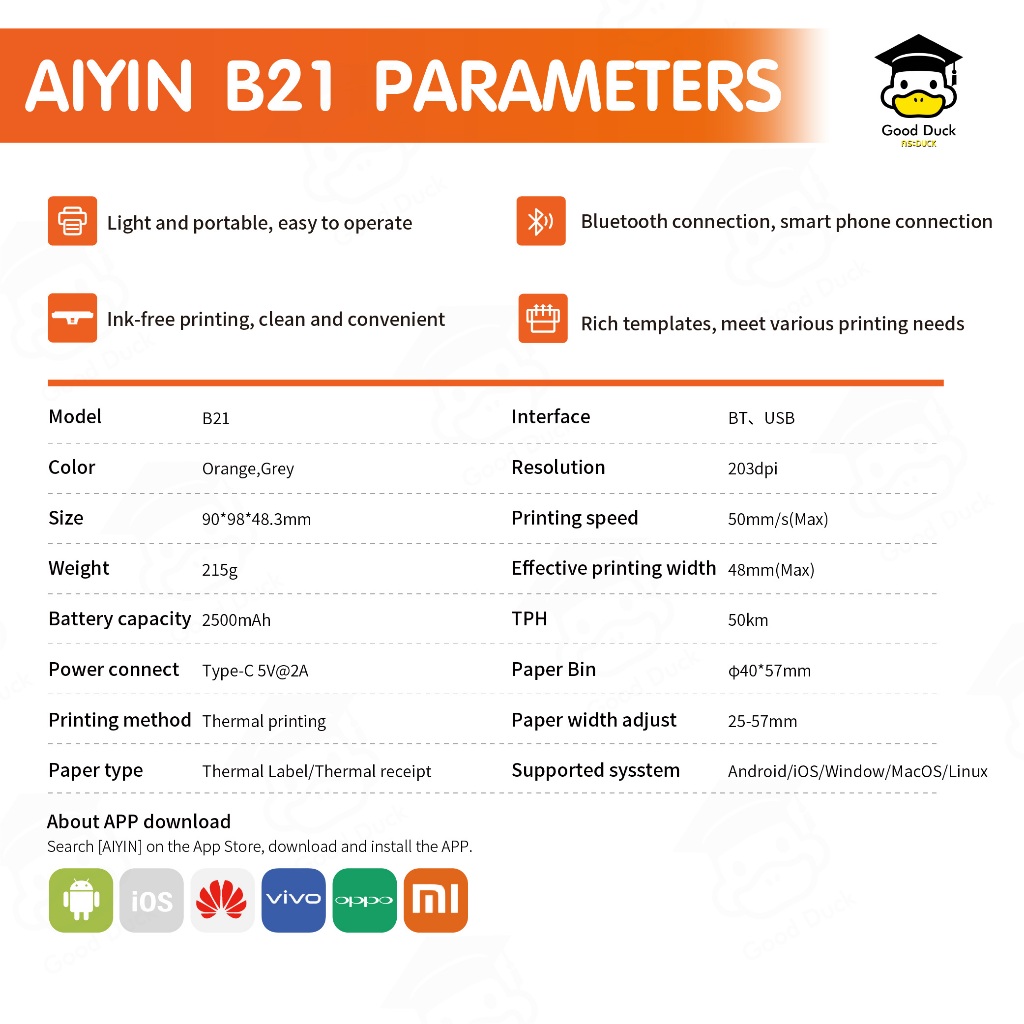 Mini Printer เครื่องปริ้นสติกเกอร์ เครื่องปริ้นพกพา Aiyin B21 ไม่ใช้หมึก หน้ากระดาษ 25-57mm BT USB