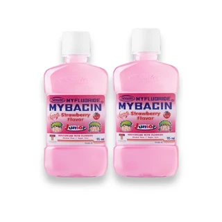 น้ำยาบ้วนปากจูเนียร์ขนาดพกพา สูตรกลิ่นสตอเบอร์รี่ ขนาด 95มล. Mybacin