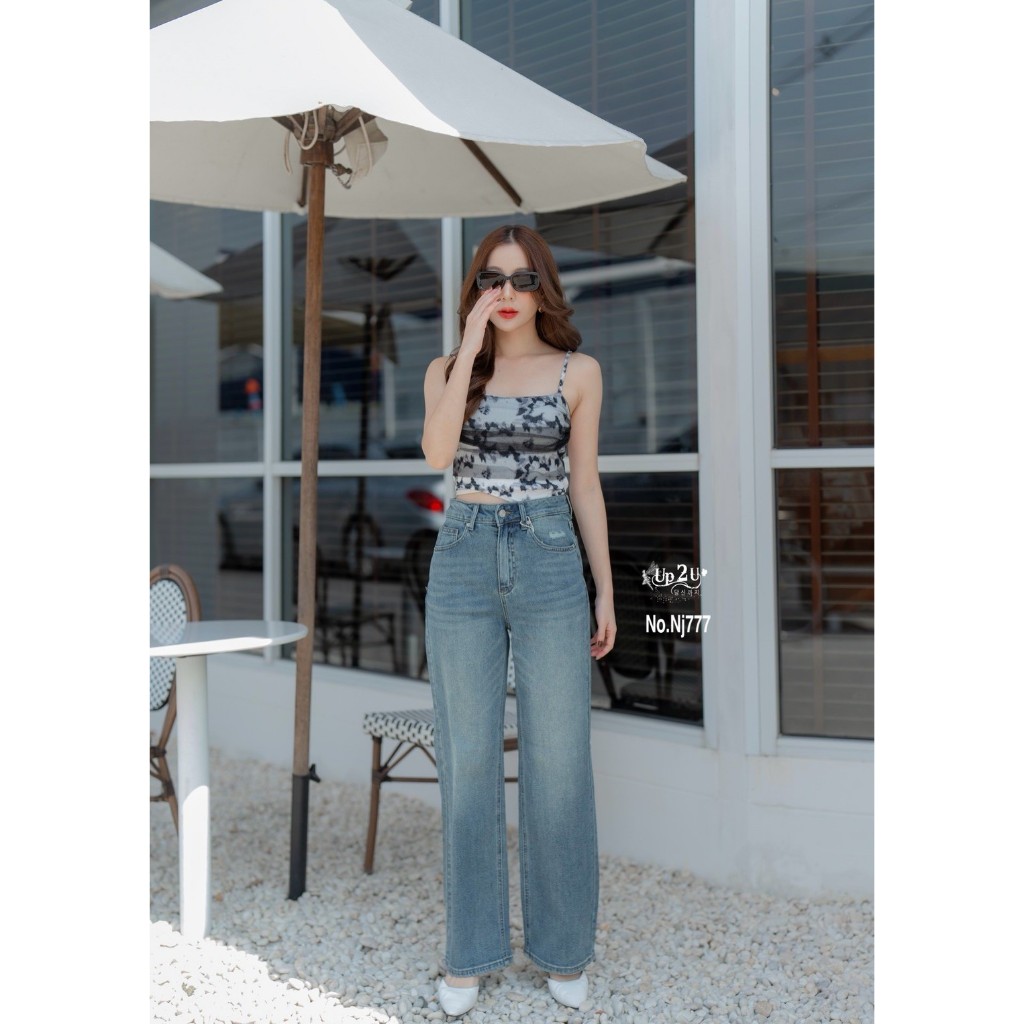 No:Nj777 กางเกงยีนส์ เอวสูง ขากระบอกยาว ผ้ายืดและแต่งขาดกระเป๋าเซอร์ๆๆ สีฟอกสวยเก็บหุ่น เก็บพุง หยิบ