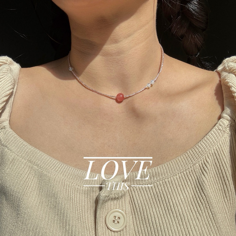 สร้อยคอ handmade มินิมอล ลูกปัดญี่ปุ่นจิ๋ว สีโรสโกลด์ แต่งด้วยหิน แฟชั่นเรียบๆ แต่ดูดี มีสไตล์